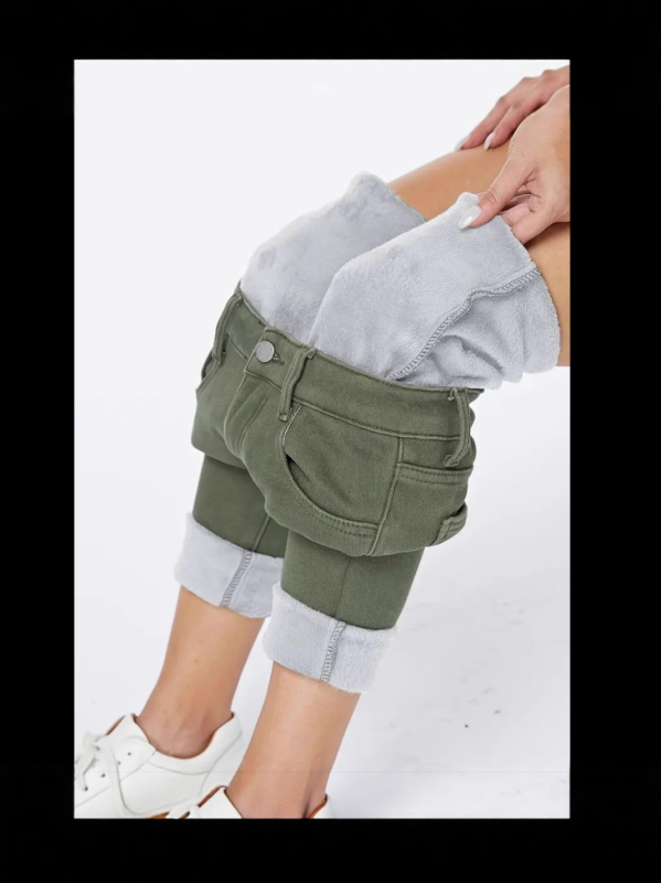 Denim skinny teksad fleecevooderdusega, keskmine talje, pikad jalad