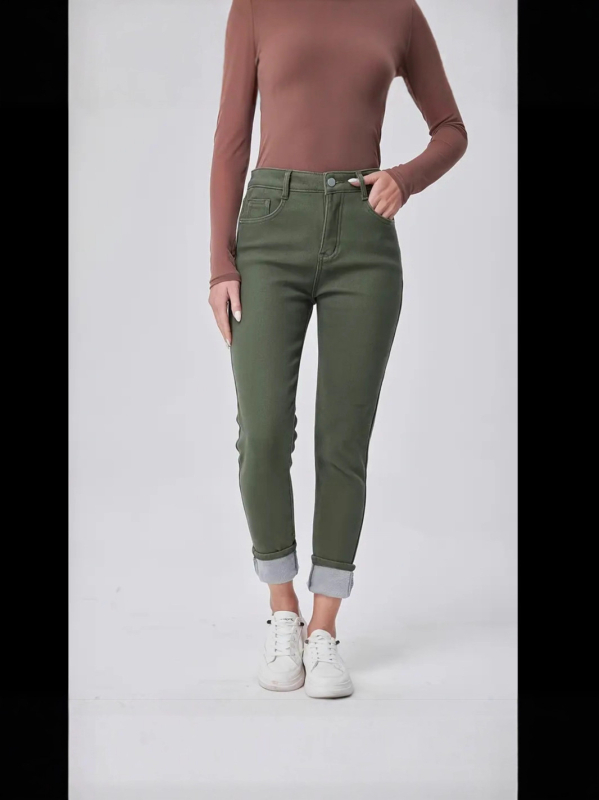 Denim skinny teksad fleecevooderdusega, keskmine talje, pikad jalad