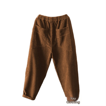 Naiste corduroy püksid, vaba lõige, keskmise kõrgusega vöö, haremi stiil, igapäevased püksid