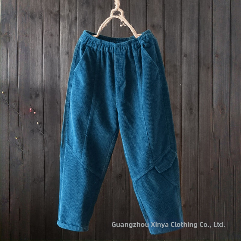 Naiste corduroy püksid, vaba lõige, keskmise kõrgusega vöö, haremi stiil, igapäevased püksid