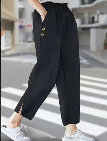 Naiste igapäevased püksid kõrgema vööga, pikkus üheksa kümnendikku, lõigatud äär ja nupud, jääsili polüester, kerge venivus, patchwork disain