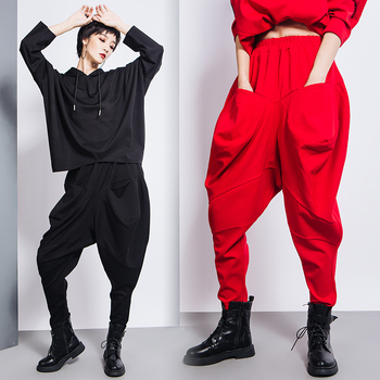 Naistele puuvillased harémipüksid elastse vööga, pikad igapäevased püksid, tänav hipster stiil, kolaaži õmblus