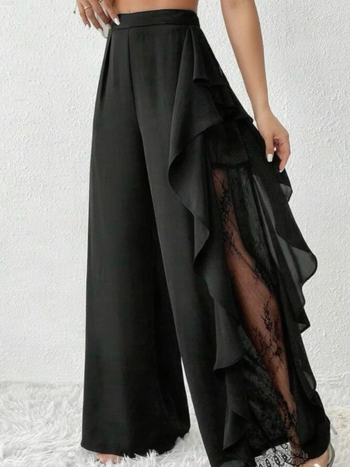 Naiste laiad püksid kõrge vöökoht, lõige, pitsiline võrk äär, polüester-elastaan, pikad püksid