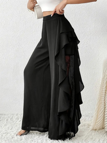 Naiste laiad püksid kõrge vöökoht, lõige, pitsiline võrk äär, polüester-elastaan, pikad püksid