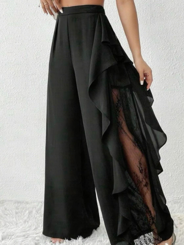 Naiste laiad püksid kõrge vöökoht, lõige, pitsiline võrk äär, polüester-elastaan, pikad püksid