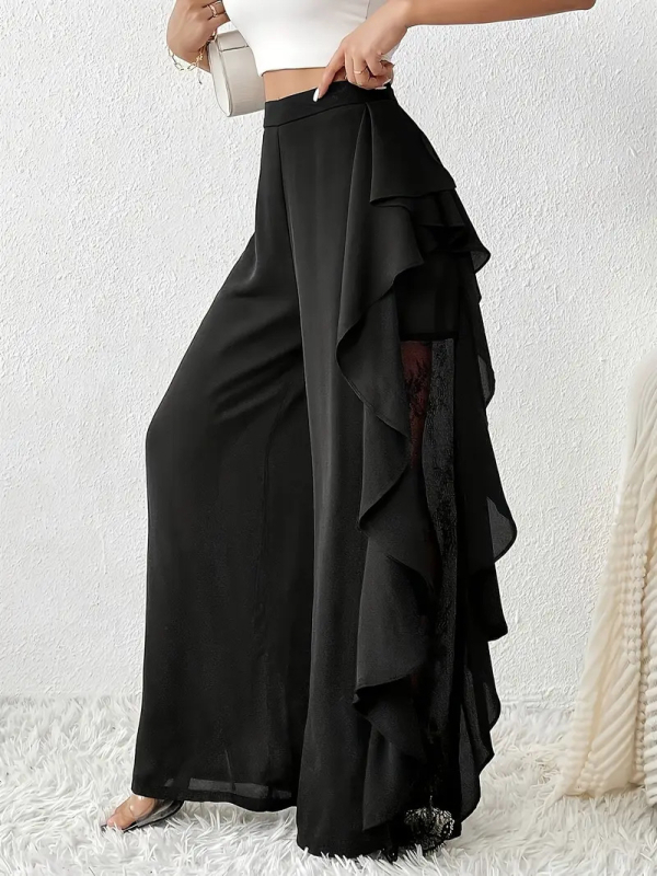 Naiste laiad püksid kõrge vöökoht, lõige, pitsiline võrk äär, polüester-elastaan, pikad püksid