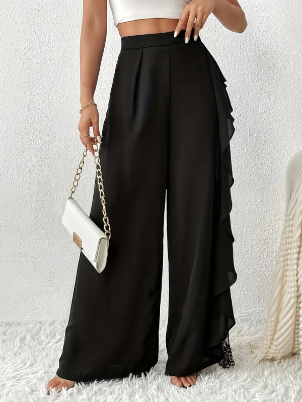 Naiste laiad püksid kõrge vöökoht, lõige, pitsiline võrk äär, polüester-elastaan, pikad püksid