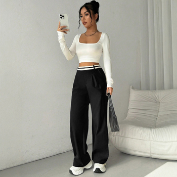 Naiste värvi-blokk stiilis mugav püksid, kõrge vöökoht, sirge lõige, pikad, polüester/spandeks materjal, kerge elastus