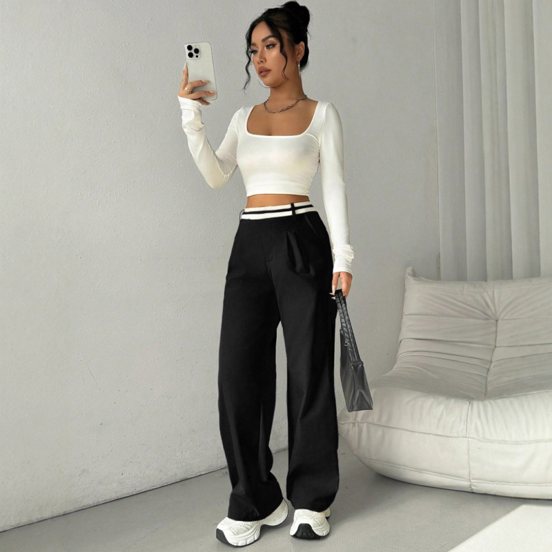 Naiste värvi-blokk stiilis mugav püksid, kõrge vöökoht, sirge lõige, pikad, polüester/spandeks materjal, kerge elastus