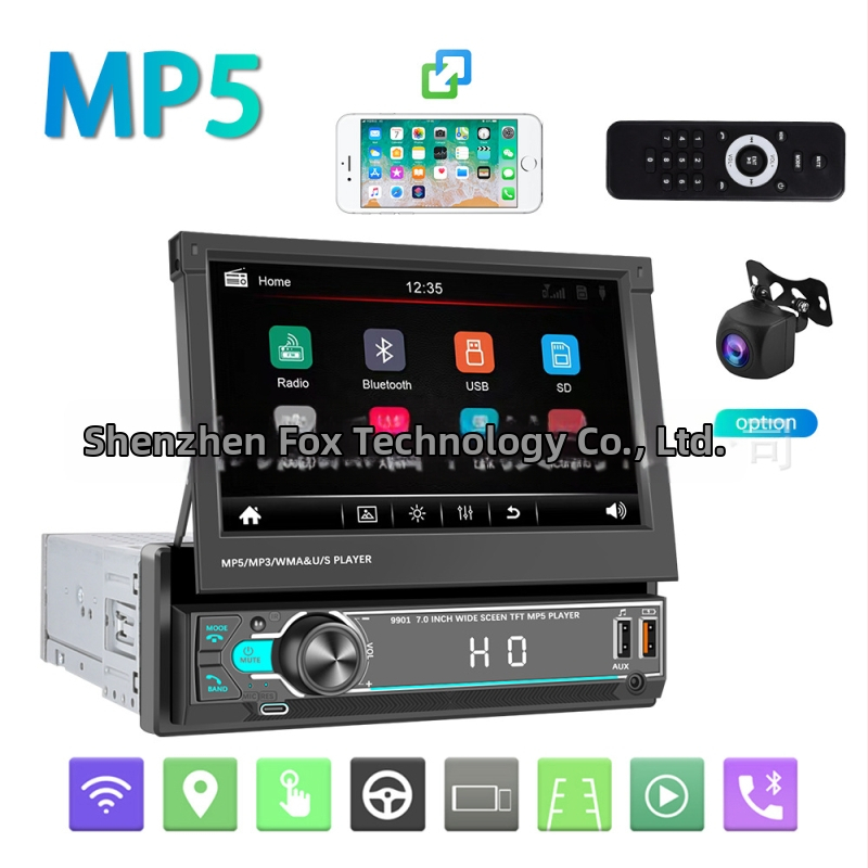 Auto MP5 Bluetooth videopleier LCD-ekraaniga, mudel 9901, toetab RM/RMVB/AVI/MP4/MKV/3GP videoformaate, toitepinge 12–24 V DC, tagurpidi pildi kuvamise funktsioon