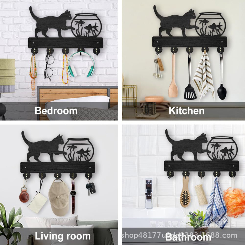 Puidust seina võtmete hoidja kass ja akvaarium motiiviga, dekoratiivne, 5 konksu, maksimaalne koormus 2 kg, kaasaegne minimalistlik stiil