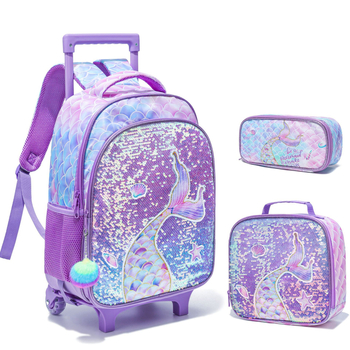 Kolmene koolikotike komplekt ratastega, merine skaalade trükiga; väliskangas Oxford, vooder Nylon, ühesuunalised rattad, kõver õlarihm, sobib 3.–4. klassile