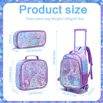 Kolmene koolikotike komplekt ratastega, merine skaalade trükiga; väliskangas Oxford, vooder Nylon, ühesuunalised rattad, kõver õlarihm, sobib 3.–4. klassile