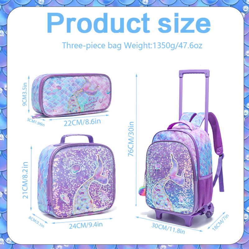 Kolmene koolikotike komplekt ratastega, merine skaalade trükiga; väliskangas Oxford, vooder Nylon, ühesuunalised rattad, kõver õlarihm, sobib 3.–4. klassile