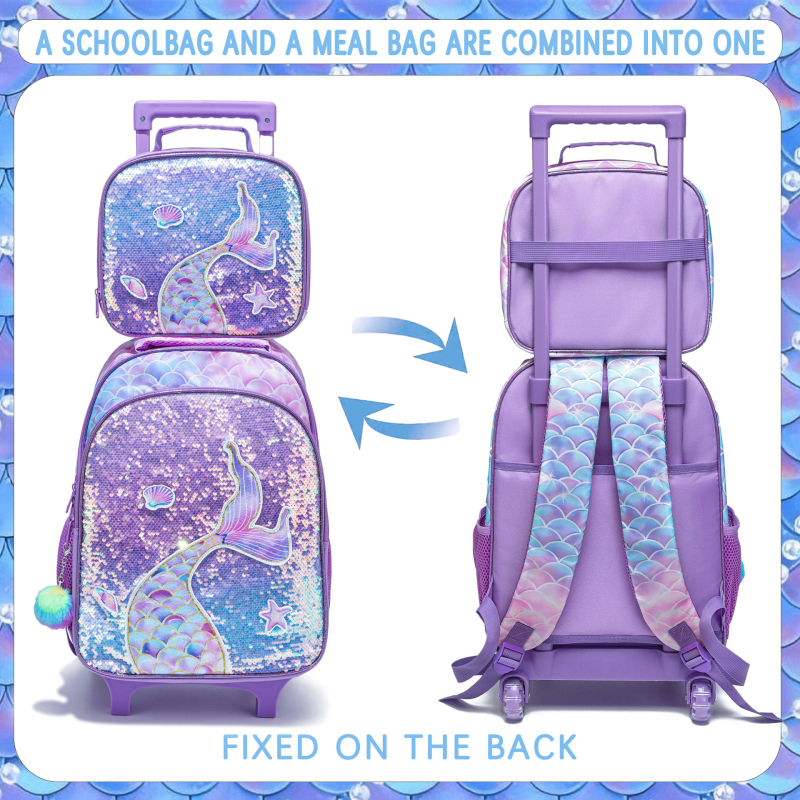 Kolmene koolikotike komplekt ratastega, merine skaalade trükiga; väliskangas Oxford, vooder Nylon, ühesuunalised rattad, kõver õlarihm, sobib 3.–4. klassile