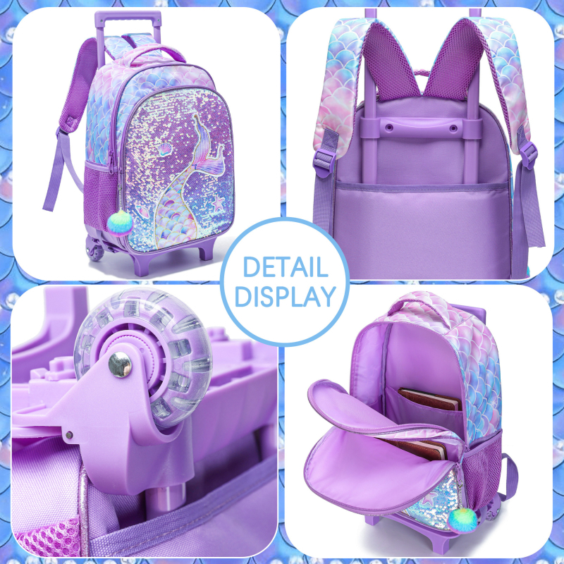 Kolmene koolikotike komplekt ratastega, merine skaalade trükiga; väliskangas Oxford, vooder Nylon, ühesuunalised rattad, kõver õlarihm, sobib 3.–4. klassile