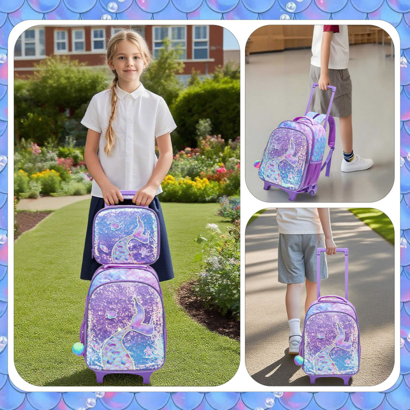 Kolmene koolikotike komplekt ratastega, merine skaalade trükiga; väliskangas Oxford, vooder Nylon, ühesuunalised rattad, kõver õlarihm, sobib 3.–4. klassile