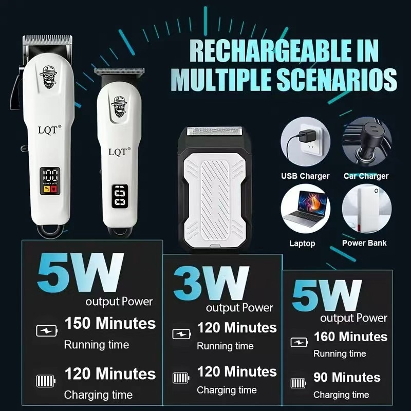 LQT juukselõikur sisseehitatud akuga 500–800 mAh, eemaldatav ja pestav roostevabast terasest tera, Brushed motor, müratase alla 36 dB.