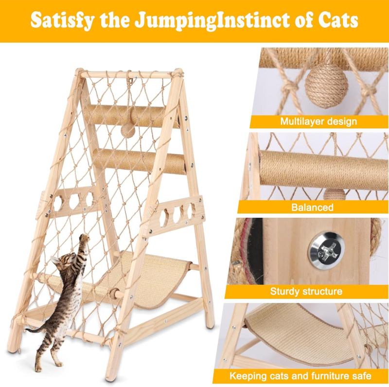 Puidust kasside puu koos pesakastiga, integreeritud kolmnurkne ronimistruktuur