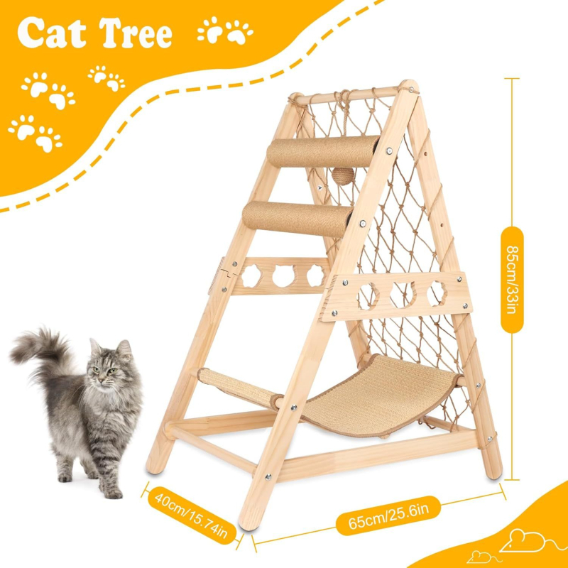 Puidust kasside puu koos pesakastiga, integreeritud kolmnurkne ronimistruktuur