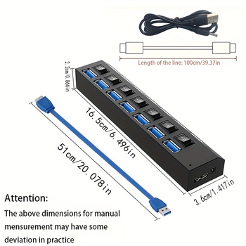 USB 3.0 7-port HUB lülitiga, väline toiteallikas, 5Gbps, 0.5 m kaabel