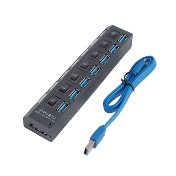 USB 3.0 7-port HUB lülitiga, väline toiteallikas, 5Gbps, 0.5 m kaabel