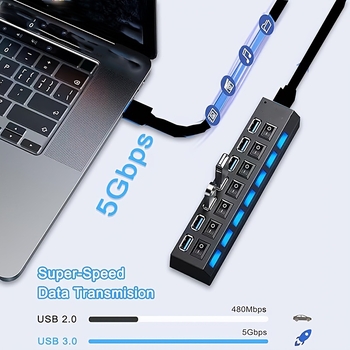 7-por USB 3.0 hub välisse toiteallikaga (5 Gbps, USB 3.0 liides, 1,2 m kaabel)
