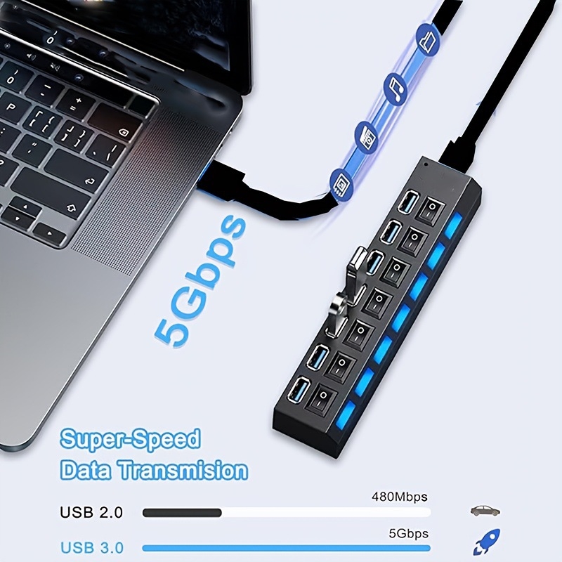 7-por USB 3.0 hub välisse toiteallikaga (5 Gbps, USB 3.0 liides, 1,2 m kaabel)