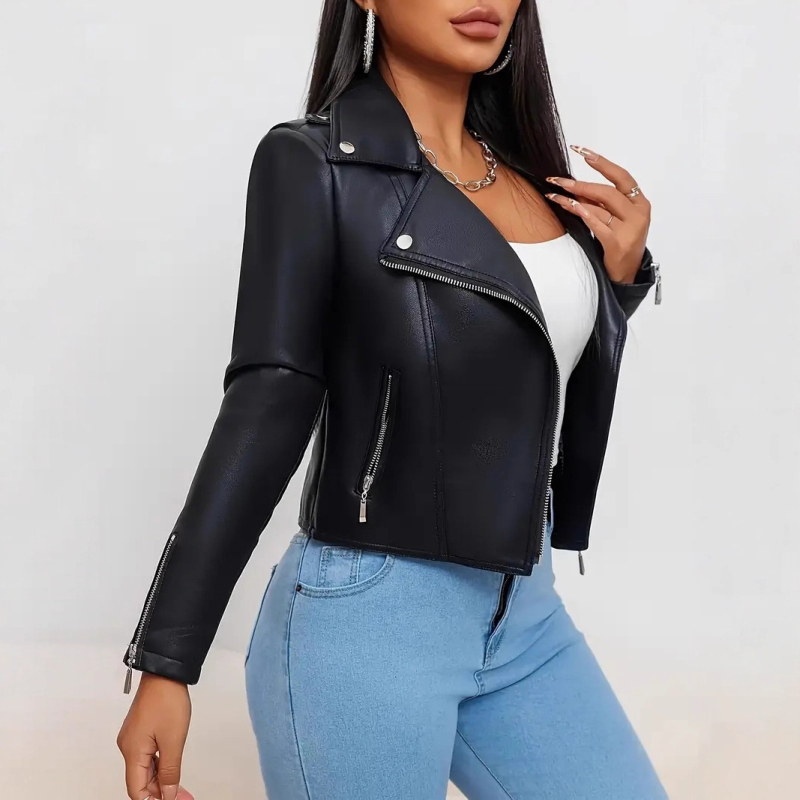 Naiste kunstnahast mootorratta jakk, slim-fit, tõmblukk, PU materjal, tänavustiil