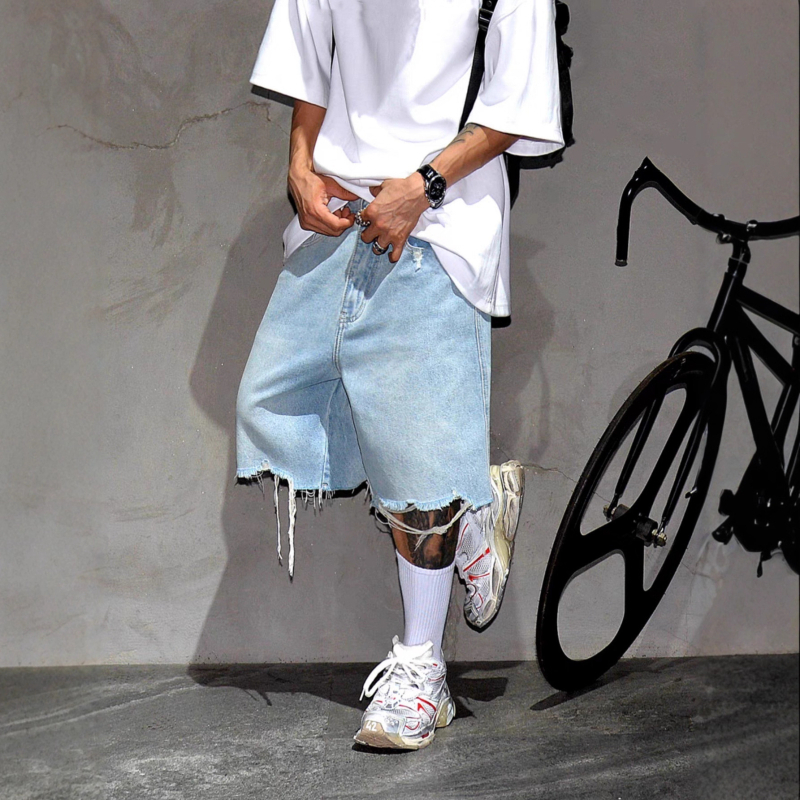 Meeste denim lühikesed püksid, puuvillane, Korea stiil, sirge lõige, mitte venivad