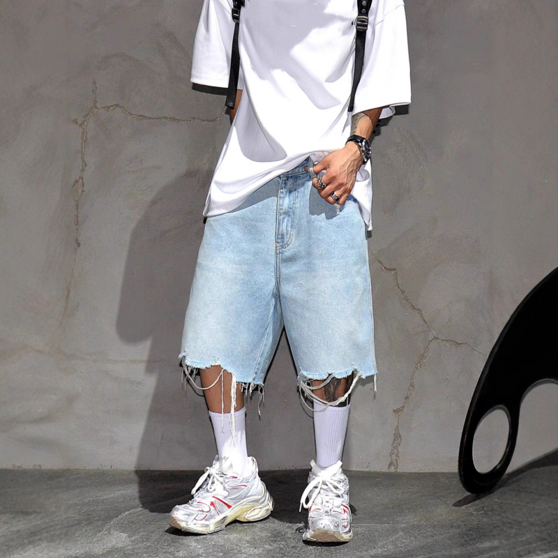 Meeste denim lühikesed püksid, puuvillane, Korea stiil, sirge lõige, mitte venivad