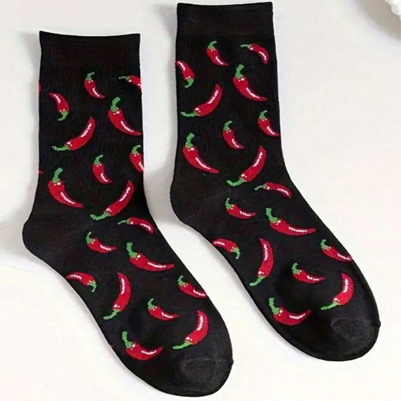 Chili print sokid toiduteemalise disainiga, hingav polüester BKD154, polüesteri sisaldus 80–90%, igaks hooajaks