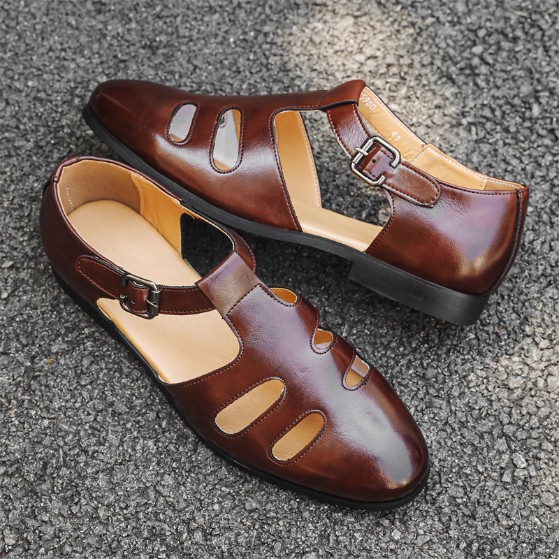 Meeste hingavad sandaalid PU ülaosaga, kummist talla, klambriline sulgemine, äriline Baotou stiil