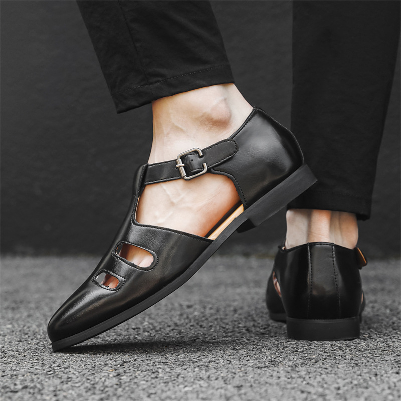 Meeste hingavad sandaalid PU ülaosaga, kummist talla, klambriline sulgemine, äriline Baotou stiil