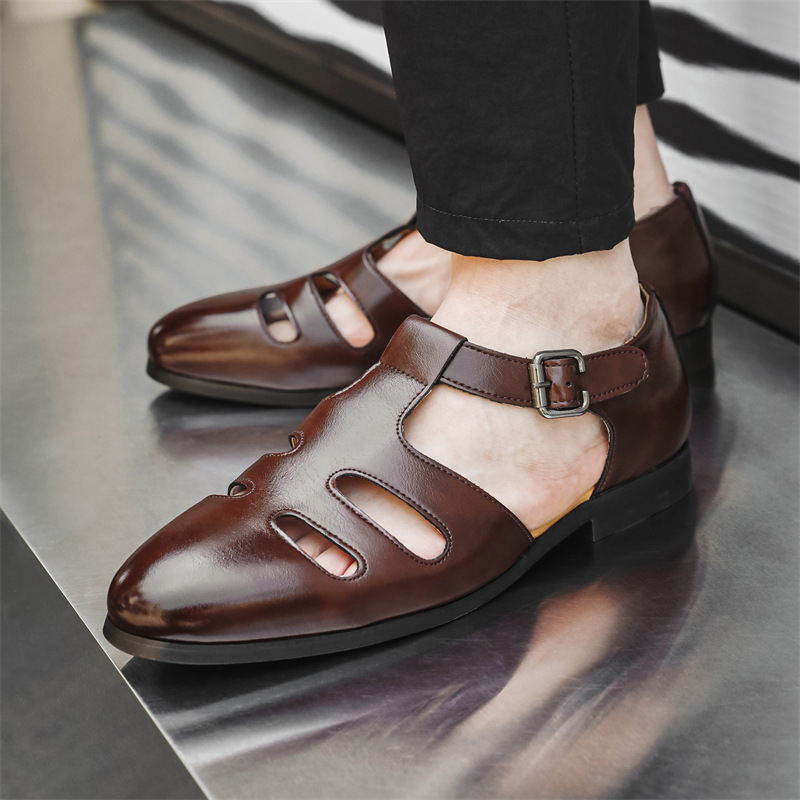 Meeste hingavad sandaalid PU ülaosaga, kummist talla, klambriline sulgemine, äriline Baotou stiil