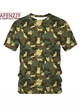 Meeste 3D kamuflaažiline kassitrükiga T-särk, ümmarguse kaela, lühikeste varrukatega, kerge polüester, sirge lõige, suvine igapäevane T-särk