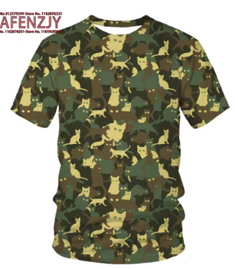 Meeste 3D kamuflaažiline kassitrükiga T-särk, ümmarguse kaela, lühikeste varrukatega, kerge polüester, sirge lõige, suvine igapäevane T-särk
