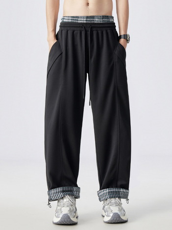 Igapäevased sportlikud püksid võrgumustriga, patchwork disain, nööriga vöö, vaba lõige, sirge jalg