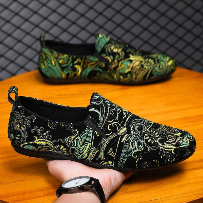 Tikitud Hiina stiililised Slip-On tossud, unisex, kanvas ülemine, kummist tald