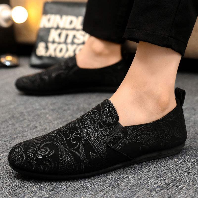 Tikitud Hiina stiililised Slip-On tossud, unisex, kanvas ülemine, kummist tald