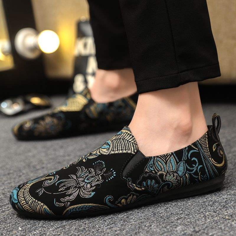 Tikitud Hiina stiililised Slip-On tossud, unisex, kanvas ülemine, kummist tald