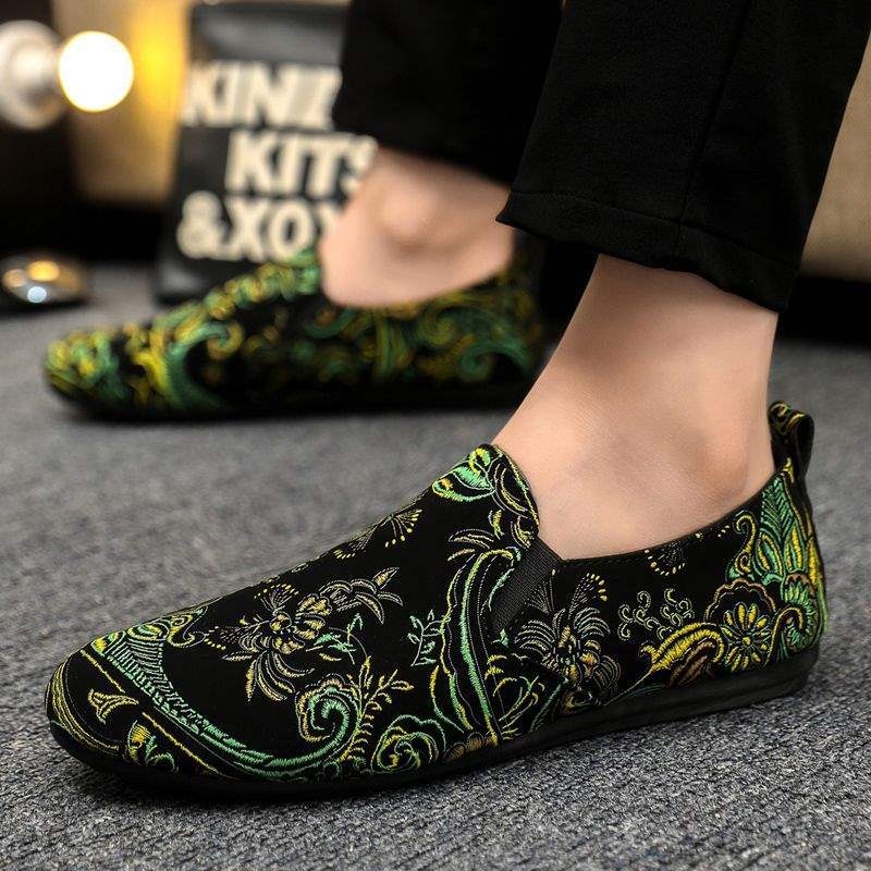 Tikitud Hiina stiililised Slip-On tossud, unisex, kanvas ülemine, kummist tald