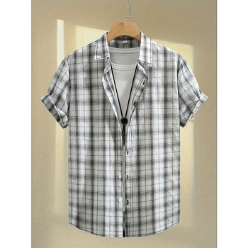 Meeste nööpidega särk sportlikuks kasutamiseks, polüester, ruuduline muster, lühikesed varrukad, suvi