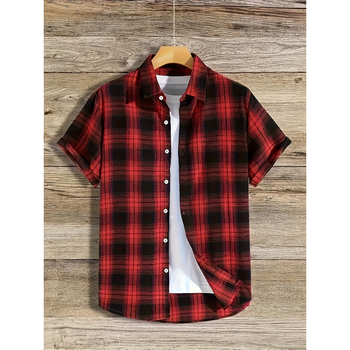 Meeste nööpidega särk sportlikuks kasutamiseks, polüester, ruuduline muster, lühikesed varrukad, suvi