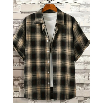 Meeste nööpidega särk sportlikuks kasutamiseks, polüester, ruuduline muster, lühikesed varrukad, suvi