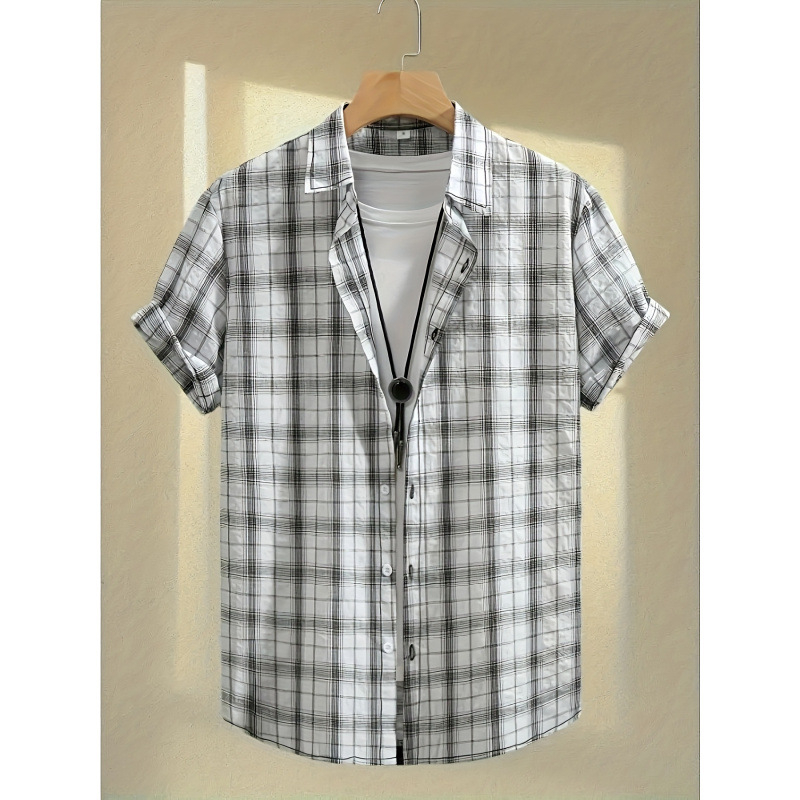Meeste nööpidega särk sportlikuks kasutamiseks, polüester, ruuduline muster, lühikesed varrukad, suvi