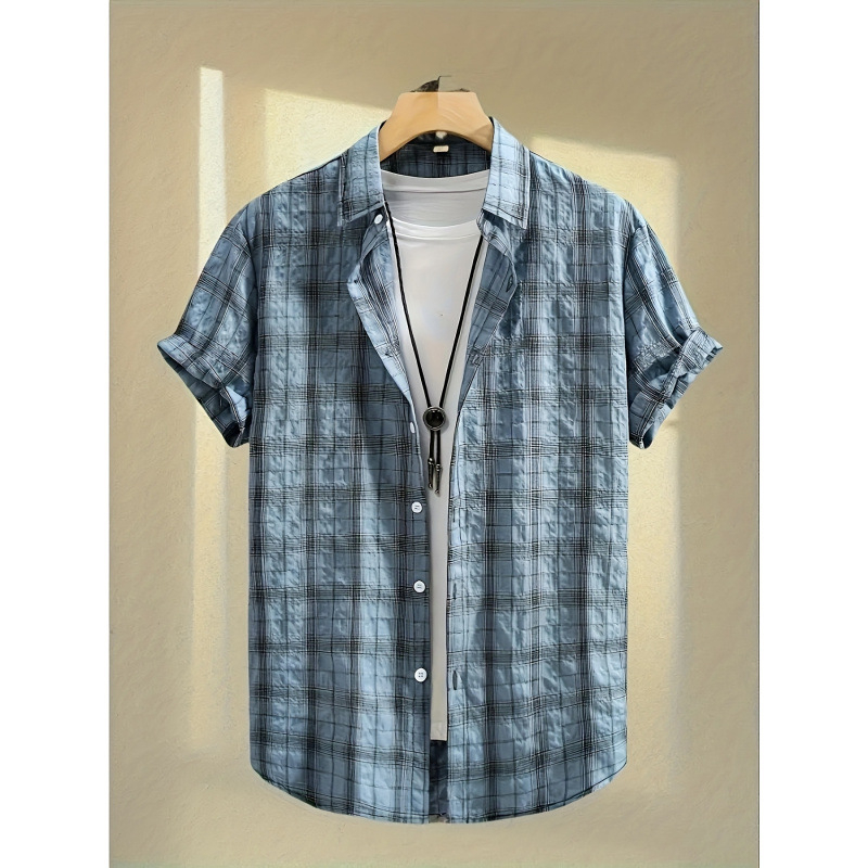 Meeste nööpidega särk sportlikuks kasutamiseks, polüester, ruuduline muster, lühikesed varrukad, suvi
