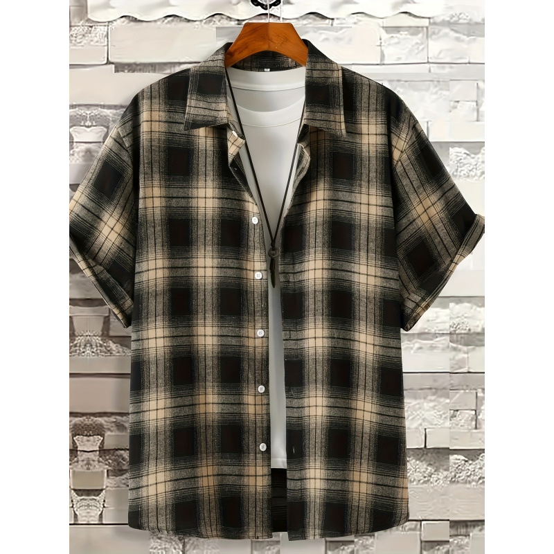 Meeste nööpidega särk sportlikuks kasutamiseks, polüester, ruuduline muster, lühikesed varrukad, suvi