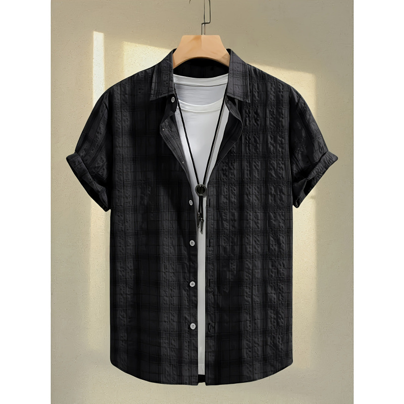 Meeste nööpidega särk sportlikuks kasutamiseks, polüester, ruuduline muster, lühikesed varrukad, suvi