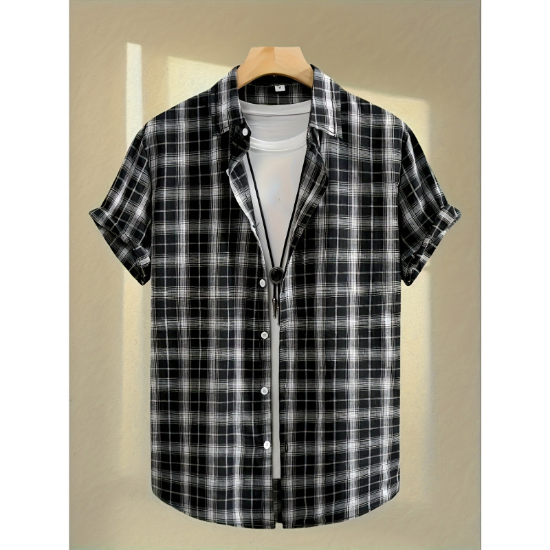 Meeste nööpidega särk sportlikuks kasutamiseks, polüester, ruuduline muster, lühikesed varrukad, suvi